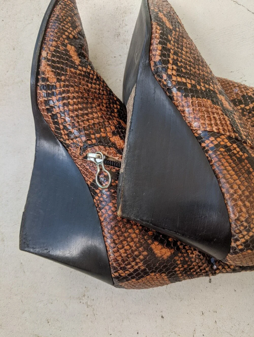 AEYDE Orange And Black Snakeskin Pointy Square Toe Ankle Wedges